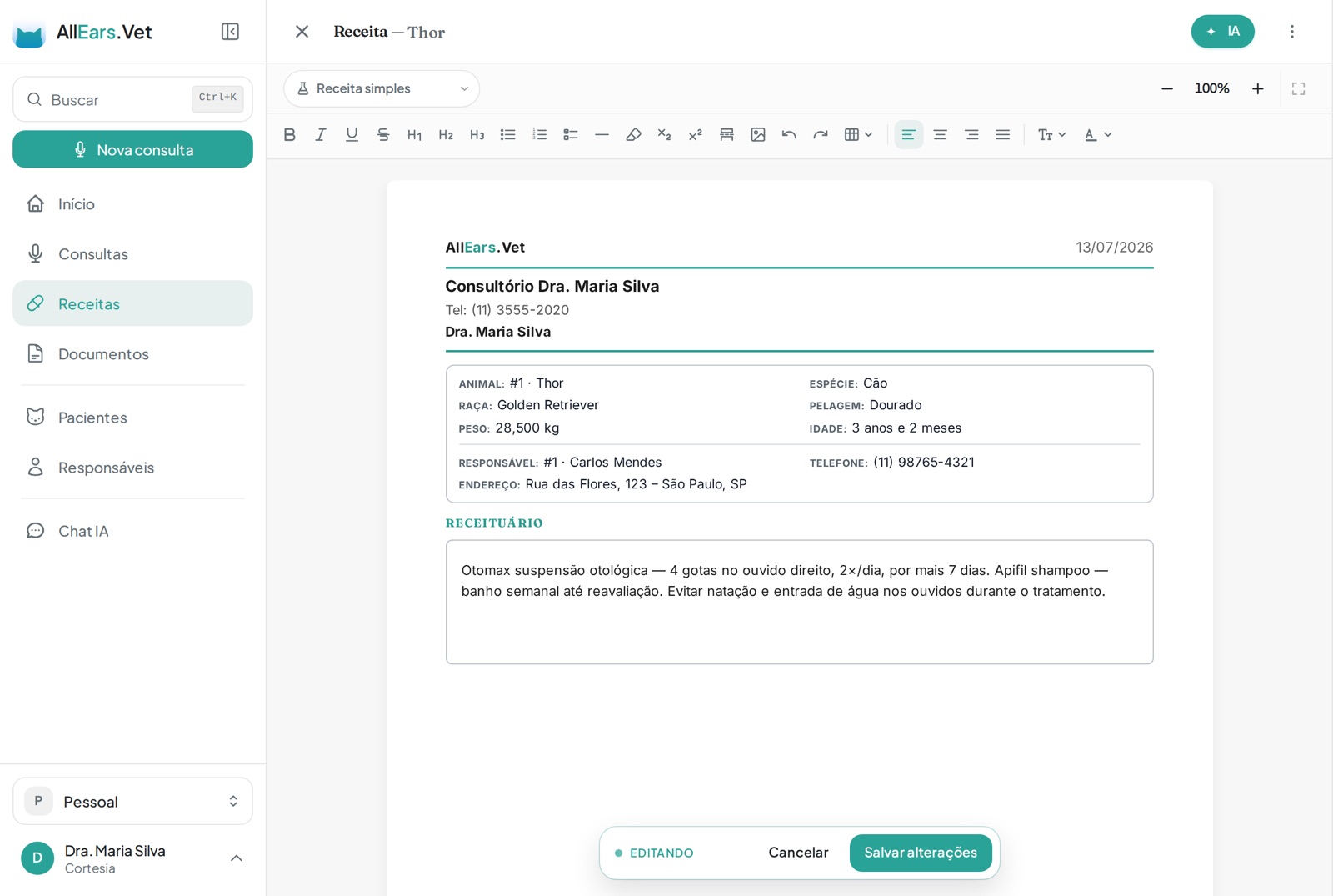 Receita aberta no editor completo, com papel A4, barra de formatação e assistente de IA