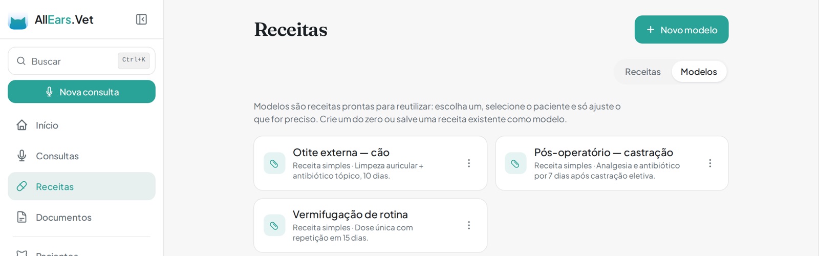 Aba Modelos em Receitas, com modelos salvos para reutilizar