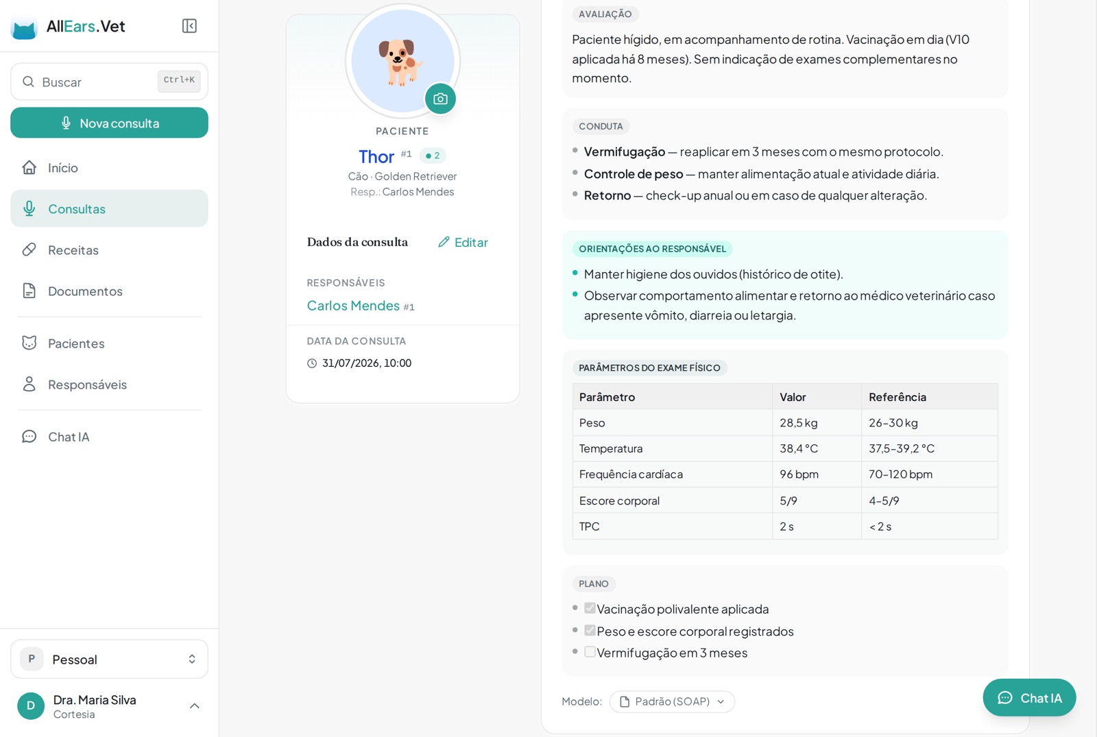 Prontuário com tabela de parâmetros do exame físico e lista de verificação