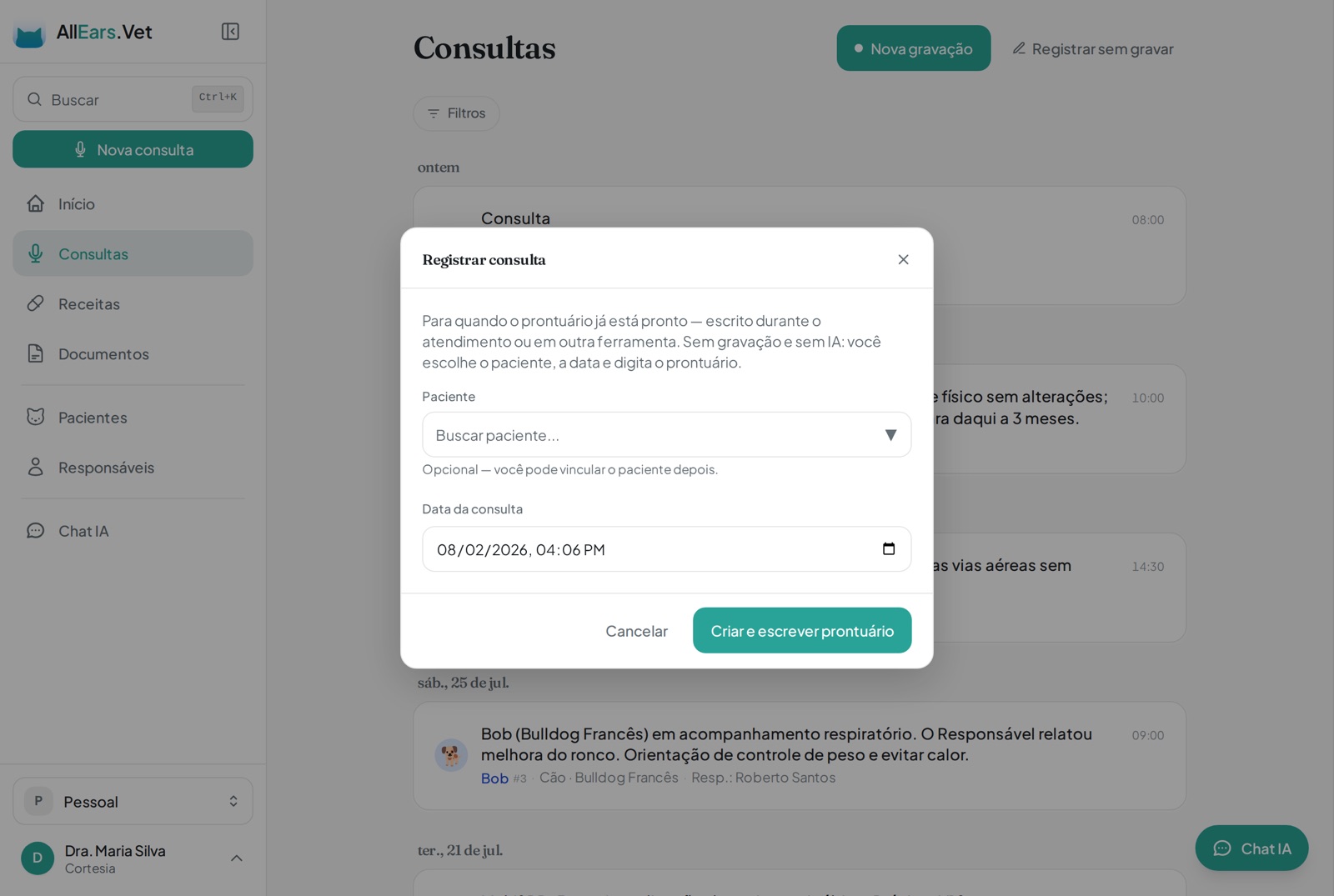 Diálogo Registrar consulta, para lançar um atendimento sem gravação