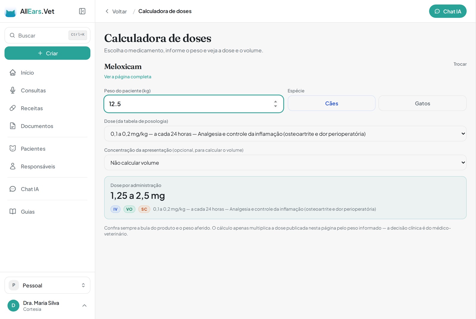 Calculadora de doses com o peso preenchido e a dose calculada