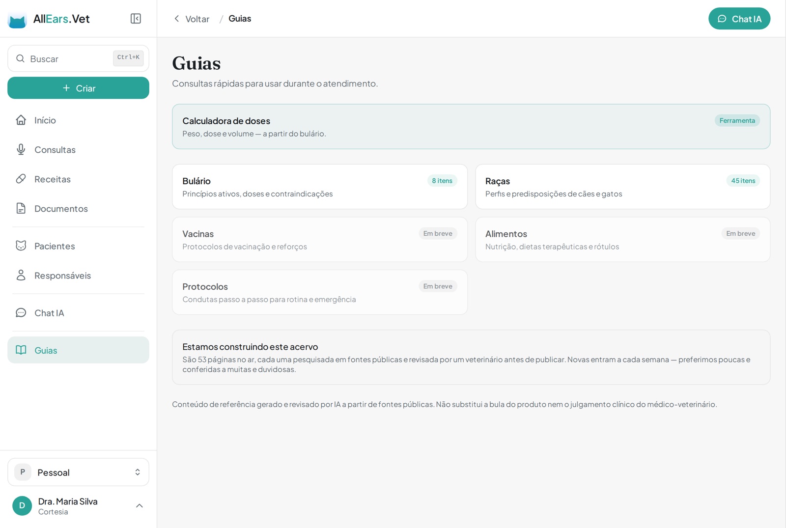 Tela de Guias no app, com bulário, raças e a calculadora de doses