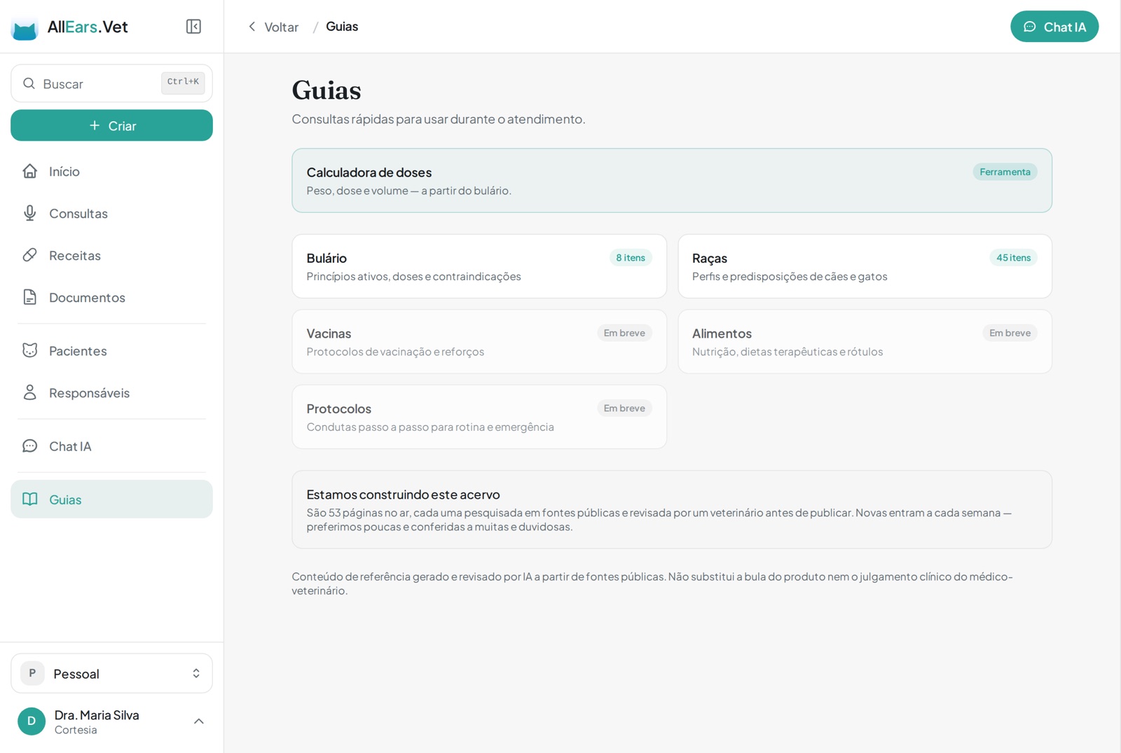 Tela de Guias no app AllEars.Vet, com bulário, raças e a calculadora de doses