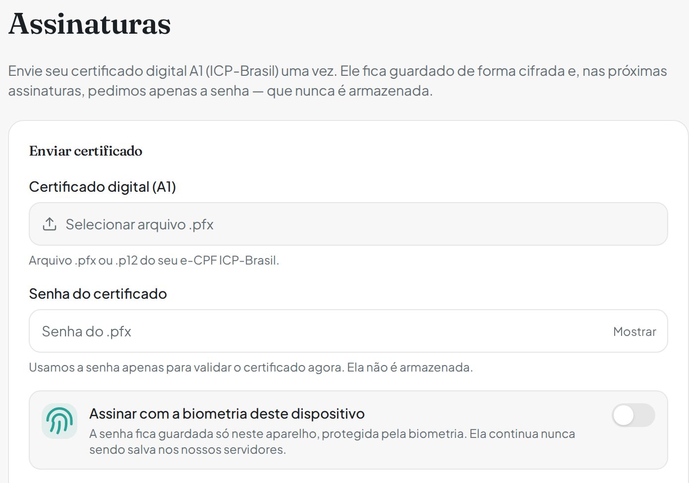 Configurações de Assinaturas com a opção de assinar usando a biometria do aparelho