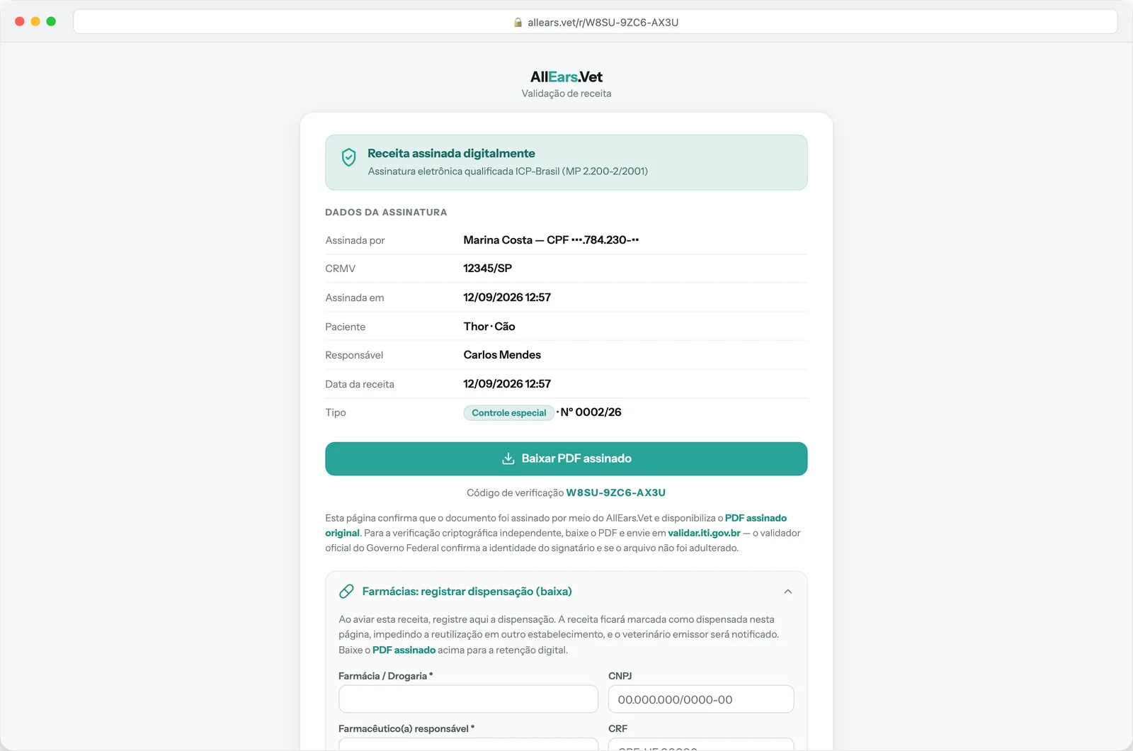 Verification page with the form where the pharmacy records the dispensation.