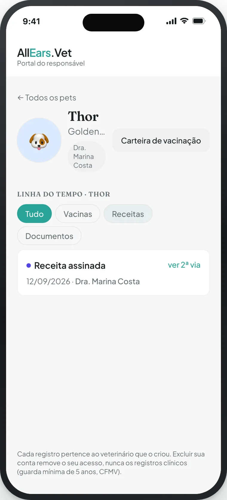 Guardian portal on an iPhone showing the pet Thor and the signed prescription in the timeline.