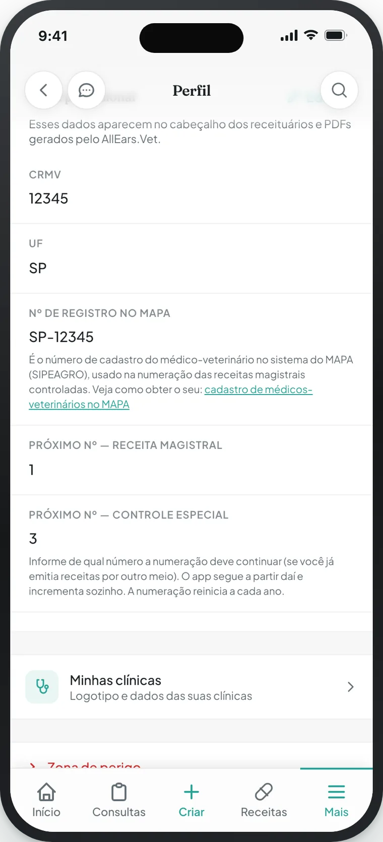 AllEars.Vet Settings → Profile screen on a phone, with the CRMV, state and MAPA registration number filled in