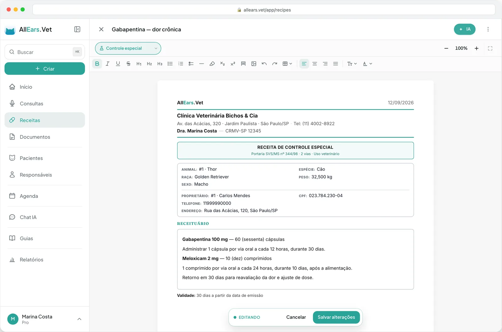 AllEars.Vet in a browser with a special-control prescription being edited: clinic letterhead, patient and guardian details and the prescription body.