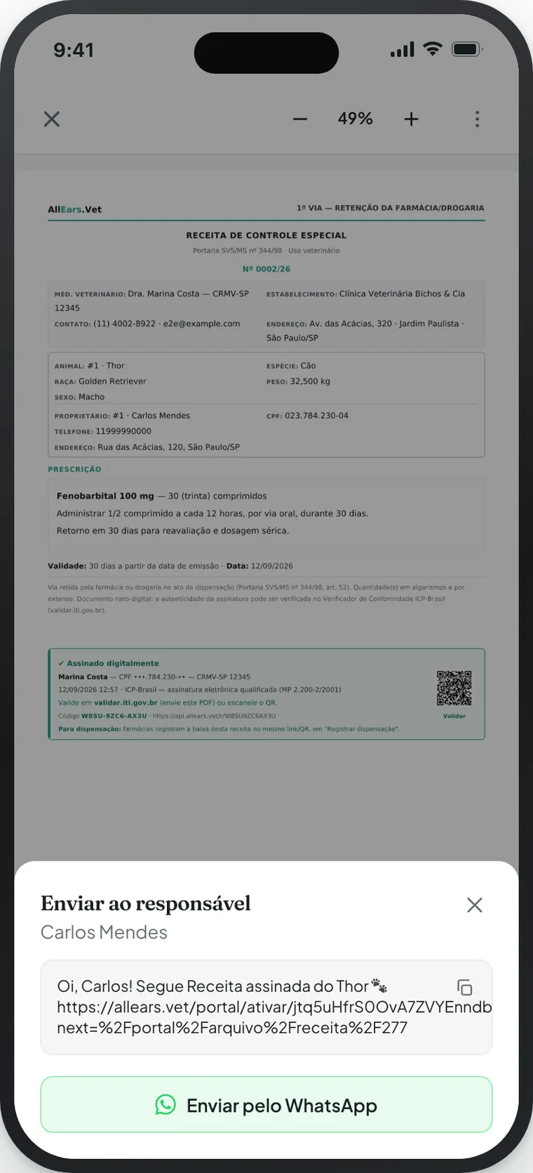 AllEars.Vet on an iPhone with the message ready to send the signed prescription to the guardian over WhatsApp.