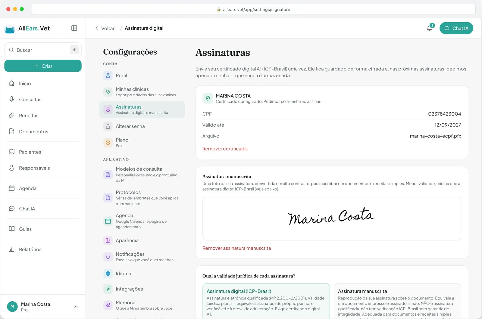 AllEars.Vet Settings → Signatures screen in a browser, with the ICP-Brasil certificate configured and, below it, the scanned handwritten signature