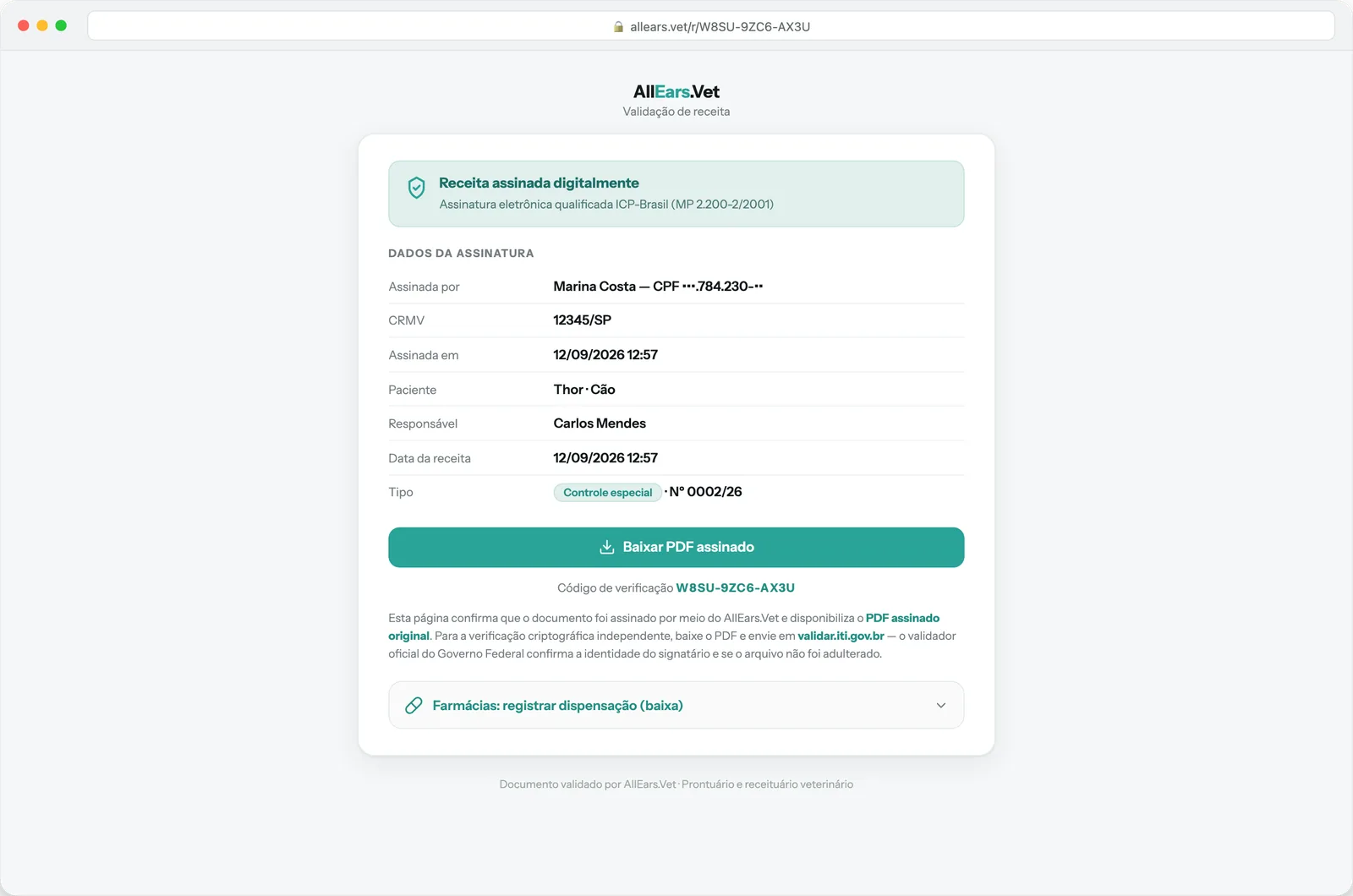 Public verification page for the prescription: who signed, CRMV, patient, guardian, prescription type and the button to download the signed PDF.